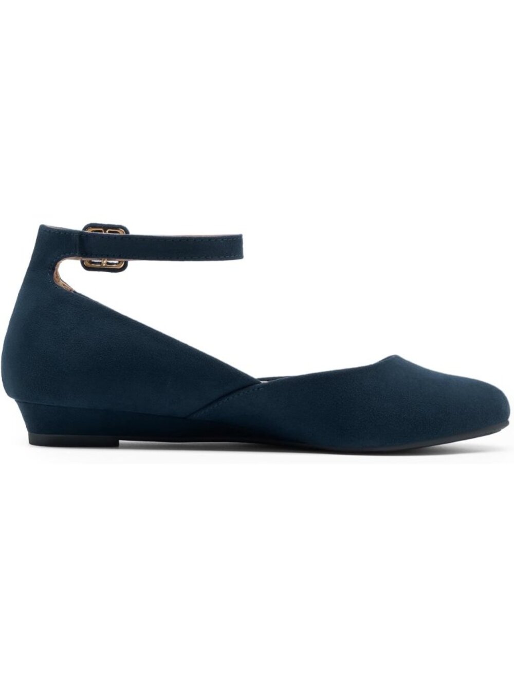 Women's Navy Sued Flat Ballet Low Wedge Round Toe Ankle Strap Casual Flats Shoes - Picture 3 of 6